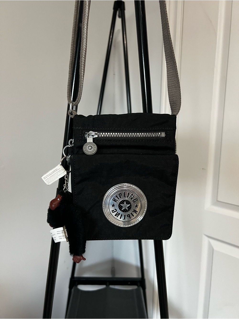 Kipling Black Nylon Crossbody Bag Silver Logo Monkey Charm Adjustable Strap
